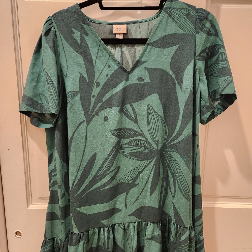 A NEW DAY Women's Tropical Leaf Drop Waist Short Sleeve Mini Dress Green Small